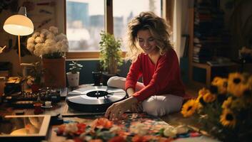 magnifique Jeune femme dans rouge chandail séance sur sol et en jouant une vinyle enregistrer. ai généré. photo