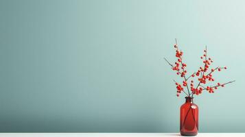une vase avec fleurs sur une table contre un Orange et bleu mur ai généré photo