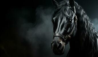 majestueux fermer de une noir cheval. ai généré photo