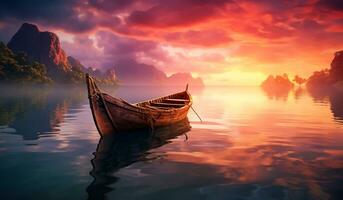 en bois bateau à majestueux le coucher du soleil sur le plage. ai généré photo