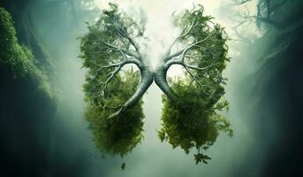 poumons formé par feuilles et arbre branches, dans le concept de environnement et écologie. poumon de le Terre. ai généré photo
