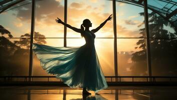 silhouette de une ballerine dansant par le fenêtre contre le coucher du soleil lumière. ai généré photo