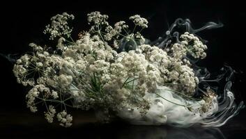 branches de blanc gypsophile sur une foncé Contexte avec délicat encens fumée - généré ai photo