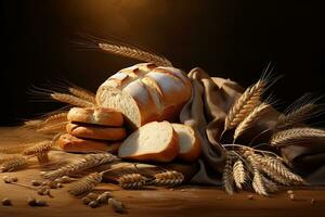 illustration encore la vie avec divers les types de Frais pain et oreilles de blé. ai généré photo