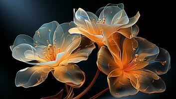 illustration de embrasé lumière Orange transparent fleurs avec bleu lumière. ai généré photo