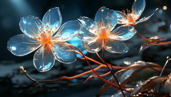 illustration de embrasé lumière Orange et bleu transparent fleurs. ai généré photo