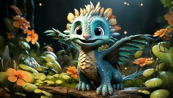 mignonne dessin animé de une bébé dragon pour des illustrations pour les enfants. ai généré photo