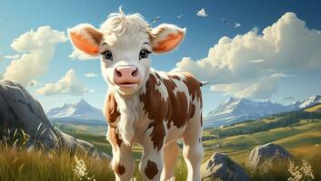 mignonne dessin animé de une bébé vache pour des illustrations pour les enfants. ai généré photo