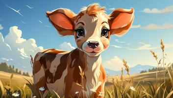 mignonne dessin animé de une bébé vache pour des illustrations pour les enfants. ai généré photo