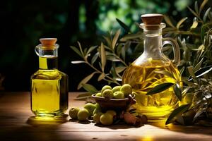 encore la vie de Olives et olive pétrole bouteilles sur en bois tableau. ai généré photo