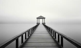 en bois pont dans le brouillard plus de le mer. ai généré photo