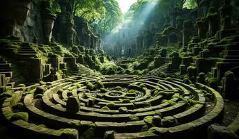 fantastique forêt avec une énorme vert labyrinthe à l'intérieur. ai généré photo