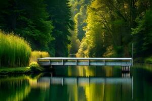 une serein bord du lac scène avec une en bois Dock élongation en dehors dans calme l'eau , entouré par alcoolique verdure. Créatif Ressource, ai généré photo