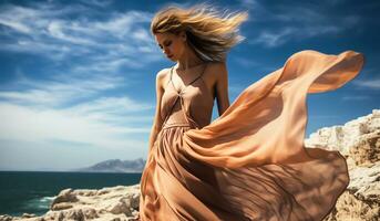 femme avec magnifique longue soie robe flottant dans le vent. ai généré photo