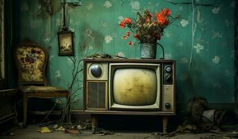 encore la vie de une sale et abandonné pièce avec un vieux télévision. ai généré photo