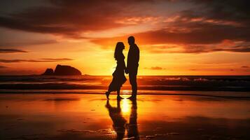silhouette de une couple en marchant sur le plage à le coucher du soleil. ai généré photo
