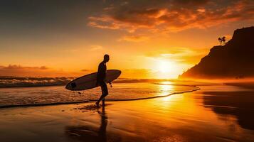 surfeur avec planche de surf sur le plage à le coucher du soleil. ai généré photo