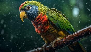 vibrant ara se percher sur humide bifurquer, beauté dans la nature capturé généré par ai photo