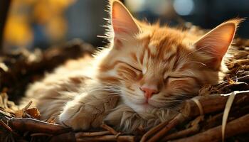 mignonne chaton en jouant dans le herbe, profiter le l'automne lumière du soleil généré par ai photo