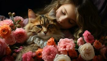 mignonne animaux domestiques, animal l'amour chaton, fille, fleur, embrasser, espiègle généré par ai photo