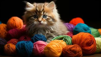 duveteux chaton en jouant avec une fait maison Balle de la laine à l'intérieur généré par ai photo