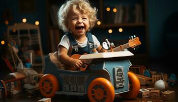 souriant enfant en jouant guitare, mignonne musicien apprentissage joyeux intérieur activité généré par ai photo