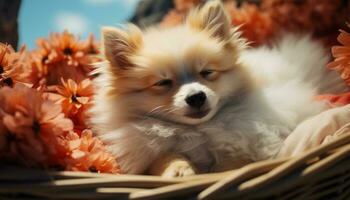 une mignonne petit chiot séance sur herbe, profiter le été généré par ai photo