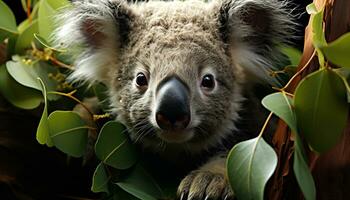 une mignon, duveteux koala séance sur une bifurquer, à la recherche à caméra généré par ai photo