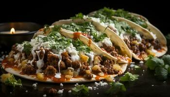 grillé du boeuf taco avec Frais légumes, guacamole, et fait maison sauce généré par ai photo