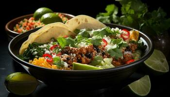 fraîcheur dans une bol guacamole, tomate, avocat, coriandre, citron vert généré par ai photo