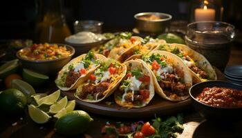 une délicieux mexicain repas avec grillé Viande, Frais guacamole, et salsa généré par ai photo