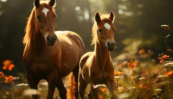 tranquille scène cheval pâturage dans prairie, baigné dans le coucher du soleil beauté généré par ai photo