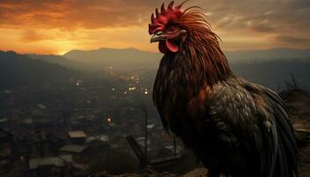 majestueux coq permanent dans une rural ferme à lever du soleil généré par ai photo