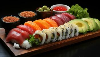 fraîcheur sur une assiette fruit de mer, sashimis, maki Sushi, roulé en haut généré par ai photo