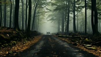 conduite par le brumeux forêt, une mystérieux l'automne aventure attend généré par ai photo