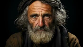 une sage, vieilli homme avec une barbe, gris cheveux, et les rides généré par ai photo