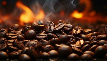 chaud café haricot brûlant, parfumé arôme, sélectif concentrer sur premier plan généré par ai photo