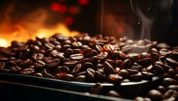 chaud café vapeurs sur une en bois table dans une café magasin généré par ai photo