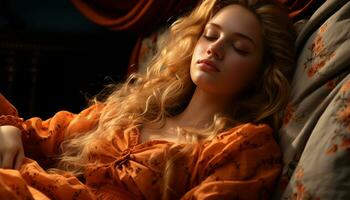 magnifique blond femme mensonge sur lit, yeux fermé, serein et confortable généré par ai photo