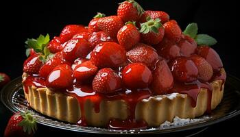 Frais fraise dessert sur une en bois plaque, une sucré indulgence généré par ai photo