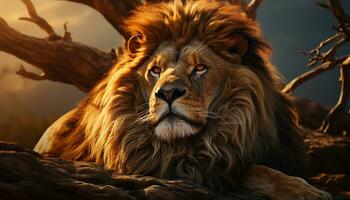 majestueux Lion repos dans le africain savane, force dans la nature généré par ai photo