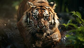 majestueux Bengale tigre en marchant dans le neige, féroce et magnifique généré par ai photo