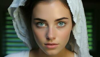 une magnifique Jeune femme avec marron cheveux et vert yeux généré par ai photo