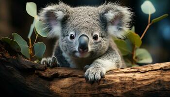 une mignonne koala séance sur une eucalyptus arbre bifurquer, à la recherche à caméra généré par ai photo