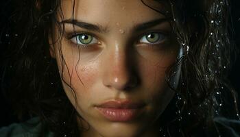 une Jeune femme beauté brille par dans le goutte de pluie généré par ai photo