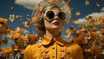 une magnifique Jeune femme dans l'automne mode, souriant et élégant généré par ai photo