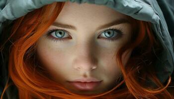 une magnifique Jeune femme avec rouge cheveux souriant en plein air généré par ai photo