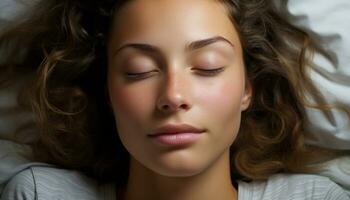 une serein Jeune femme, yeux fermé, repos sur une confortable lit généré par ai photo