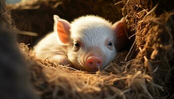 mignonne porcelet explore nature, entouré par ferme animaux et foins généré par ai photo