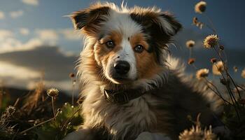 mignonne chiot séance dans herbe, à la recherche à caméra, espiègle la nature généré par ai photo